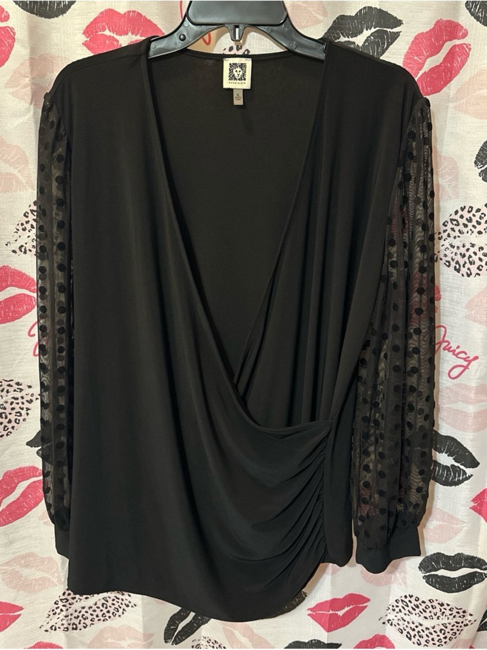 Anne Klein Black Draped Surplice Blouse with Polka Dot Mesh Sleeves